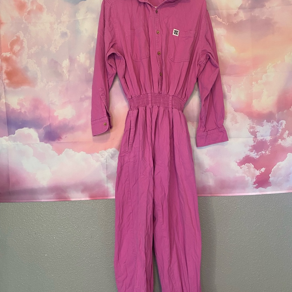LUCY and YAK bubble gum pink elastic waist 80s style jumpsuit organic cotton L